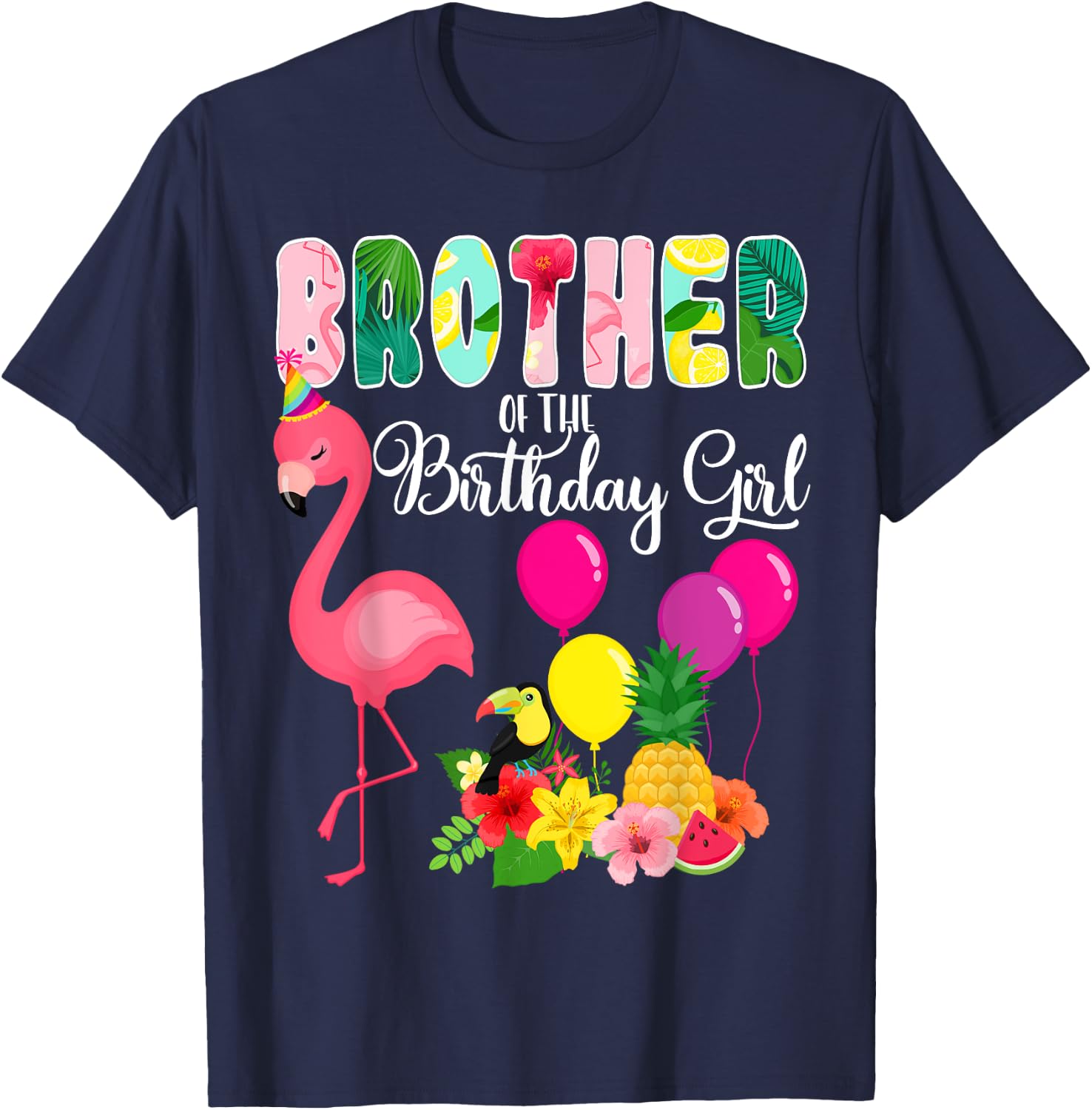 Flamingo Birthday Brother Of The Birthday Girl Flamingo Bday T-Shirt - T-Shirt | Navy