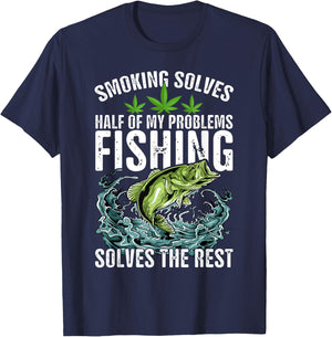 Smoking Solves Half Of My Problems Fishing Solves The Rest T-Shirt - T-Shirt | Navy