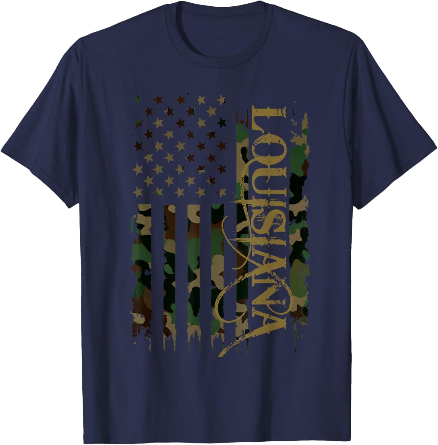 Louisiana United States Distressed Camo w US Flag T-Shirt - T-Shirt | Navy