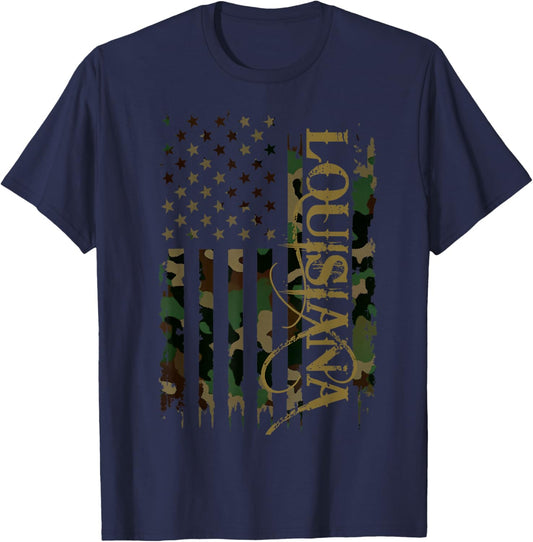 Louisiana United States Distressed Camo w US Flag T-Shirt - T-Shirt | Navy