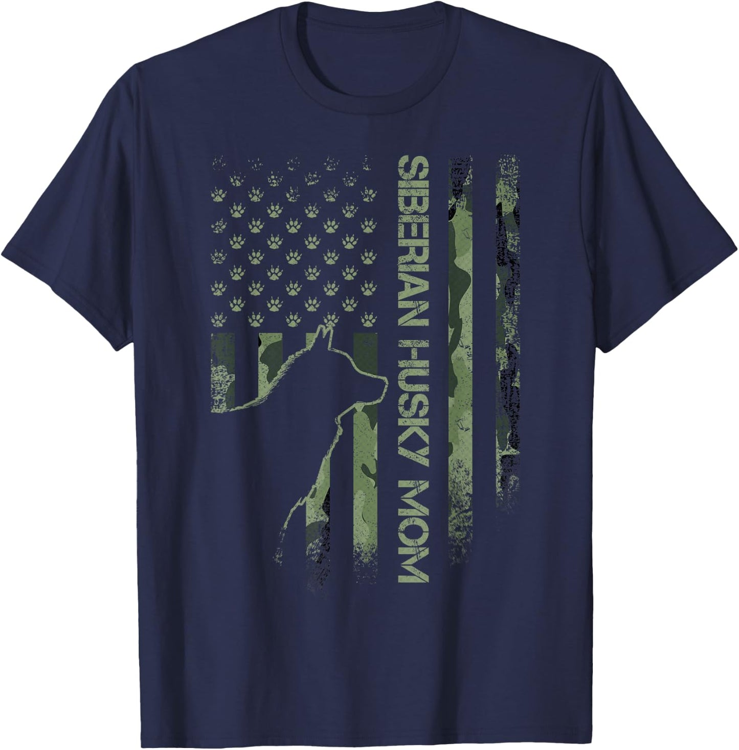 Vintage USA Camo Flag Proud Siberian Husky Mom Silhouette T-Shirt - T-Shirt | Navy