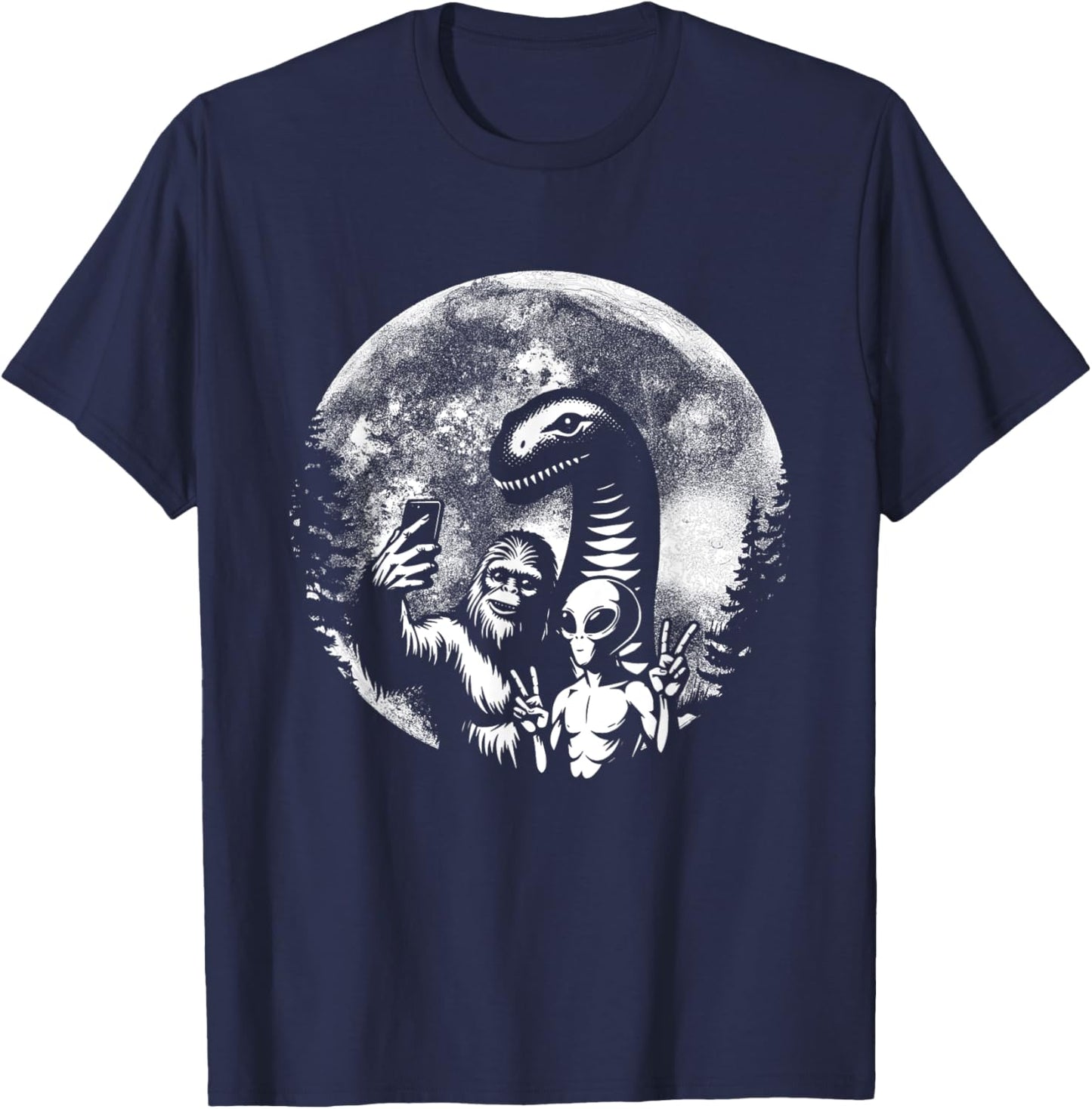 Funny Bigfoot Sasquatch Alien Loch Ness Full Moon Selfie T-Shirt - T-Shirt | Navy