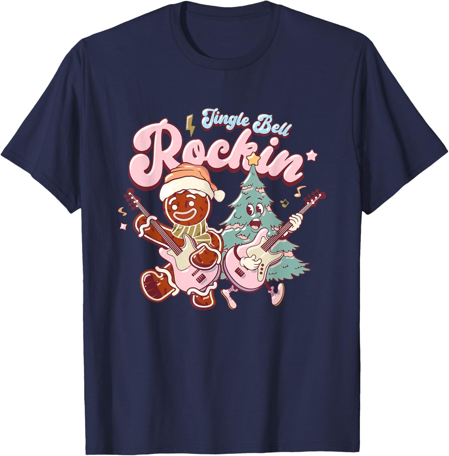 Jingle Bell Rockin Christmas Tree Guitarist Groovy Retro T-Shirt - T-Shirt | Navy