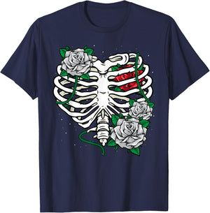 Skeleton Rib Cage With Flowers Halloween XRay Skeleton Candy T-Shirt - T-Shirt | Navy