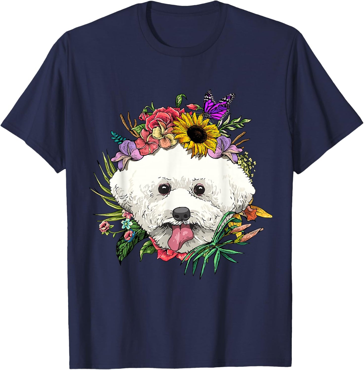 Floral Bichon Frise Dog Spring Nature Dog Lovers T-Shirt - T-Shirt | Navy