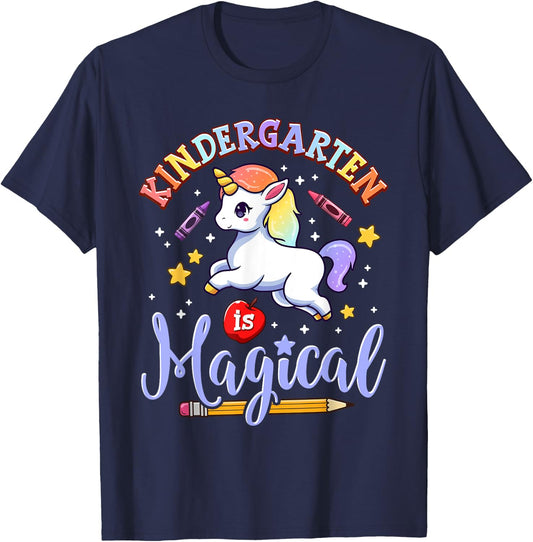 Cute Unicorn Kindergarten Is Magical Teacher Women Girl T-Shirt - T-Shirt | Navy
