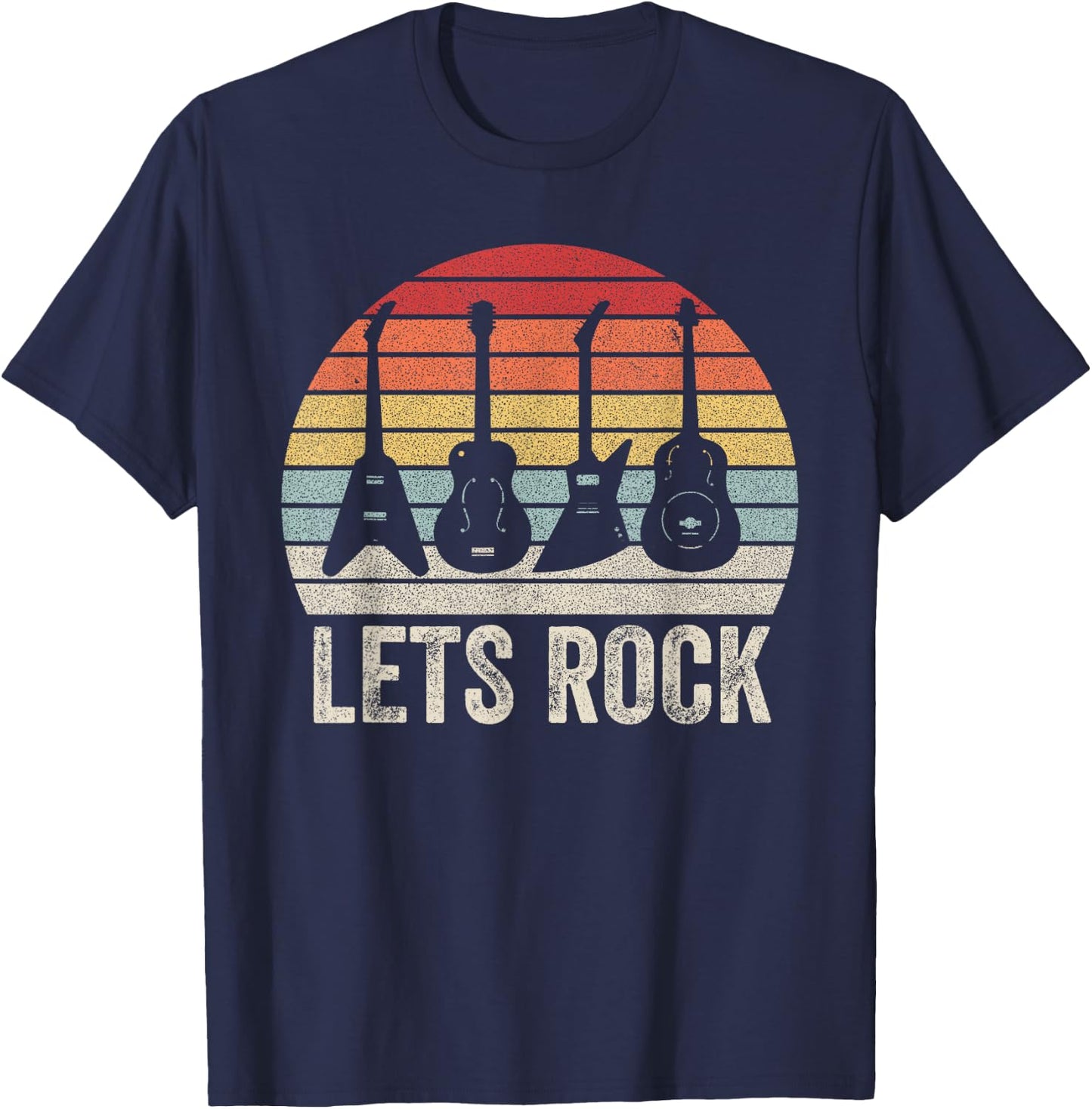 Vintage Retro Lets Rock Rock and Roll Guitar Music T-Shirt - T-Shirt | Navy