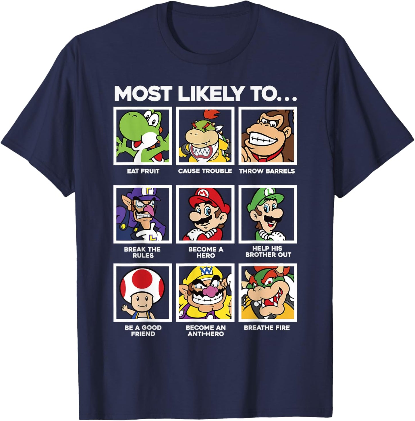 Super Mario Group Shot Most Likely To Grid T-Shirt - T-Shirt | Navy