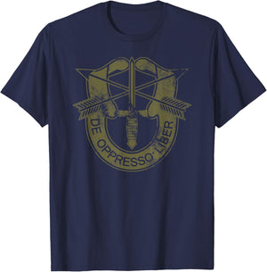 US Special Forces - De Oppresso Liber - OD Green Distressed T-Shirt - T-Shirt | Navy