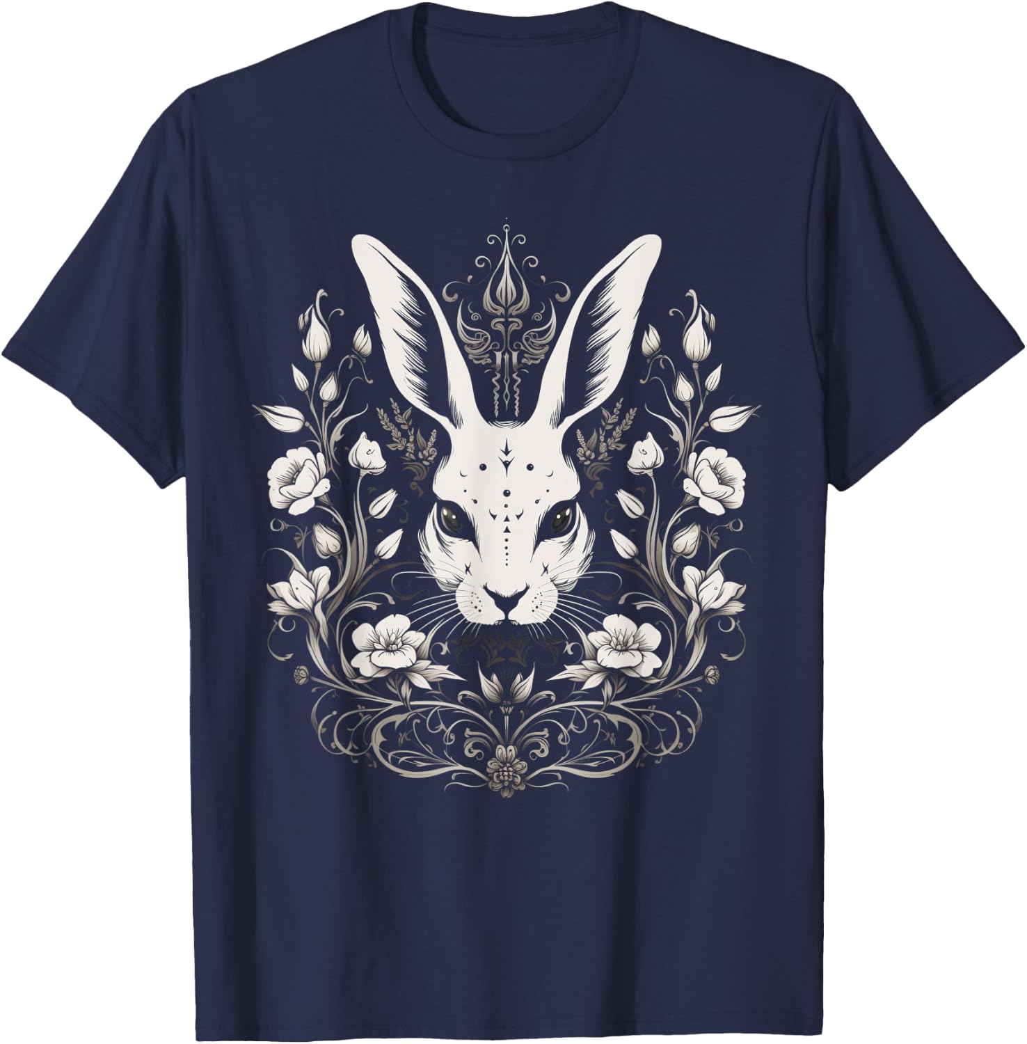 Rabbit Bunny Flowers Witchy Occult Gothic Vintage Easter T-Shirt - T-Shirt | Navy