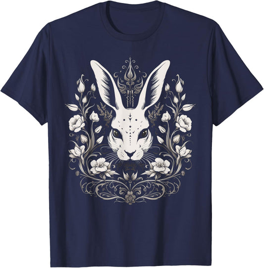 Rabbit Bunny Flowers Witchy Occult Gothic Vintage Easter T-Shirt - T-Shirt | Navy