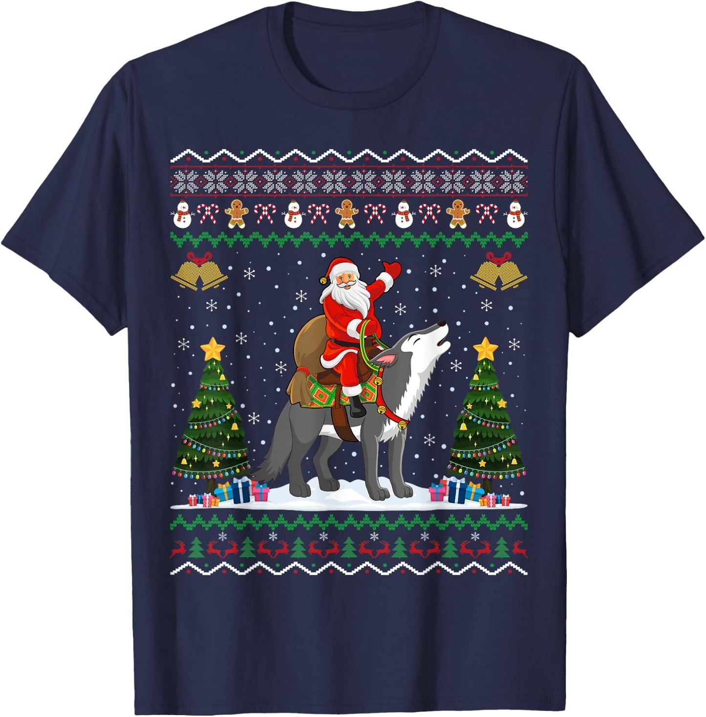 Ugly Wolf Xmas Gift Santa Riding Wolf Christmas T-Shirt - T-Shirt | Navy