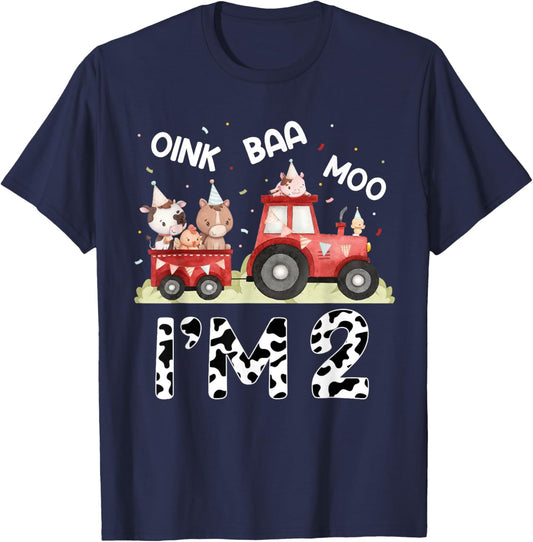 Oink Baa Moo I'm 2 Farm Animals 2nd Birthday For Kids T-Shirt - T-Shirt | Navy