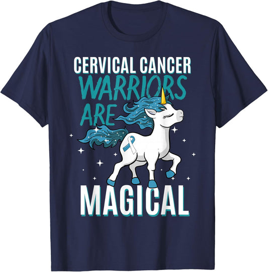 Cervical Cancer Warrior Magical Unicorn Teal Ribbon HPV T-Shirt - T-Shirt | Navy