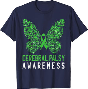 Butterfly Cerebral Palsy Awareness CP Green Ribbon Support T-Shirt - T-Shirt | Navy