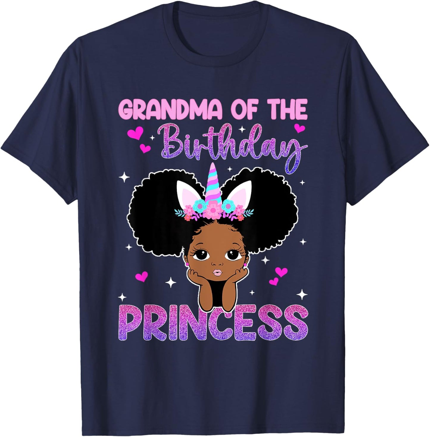 Grandma Of The Birthday Princess Melanin Black Girl Unicorn T-Shirt - T-Shirt | Navy