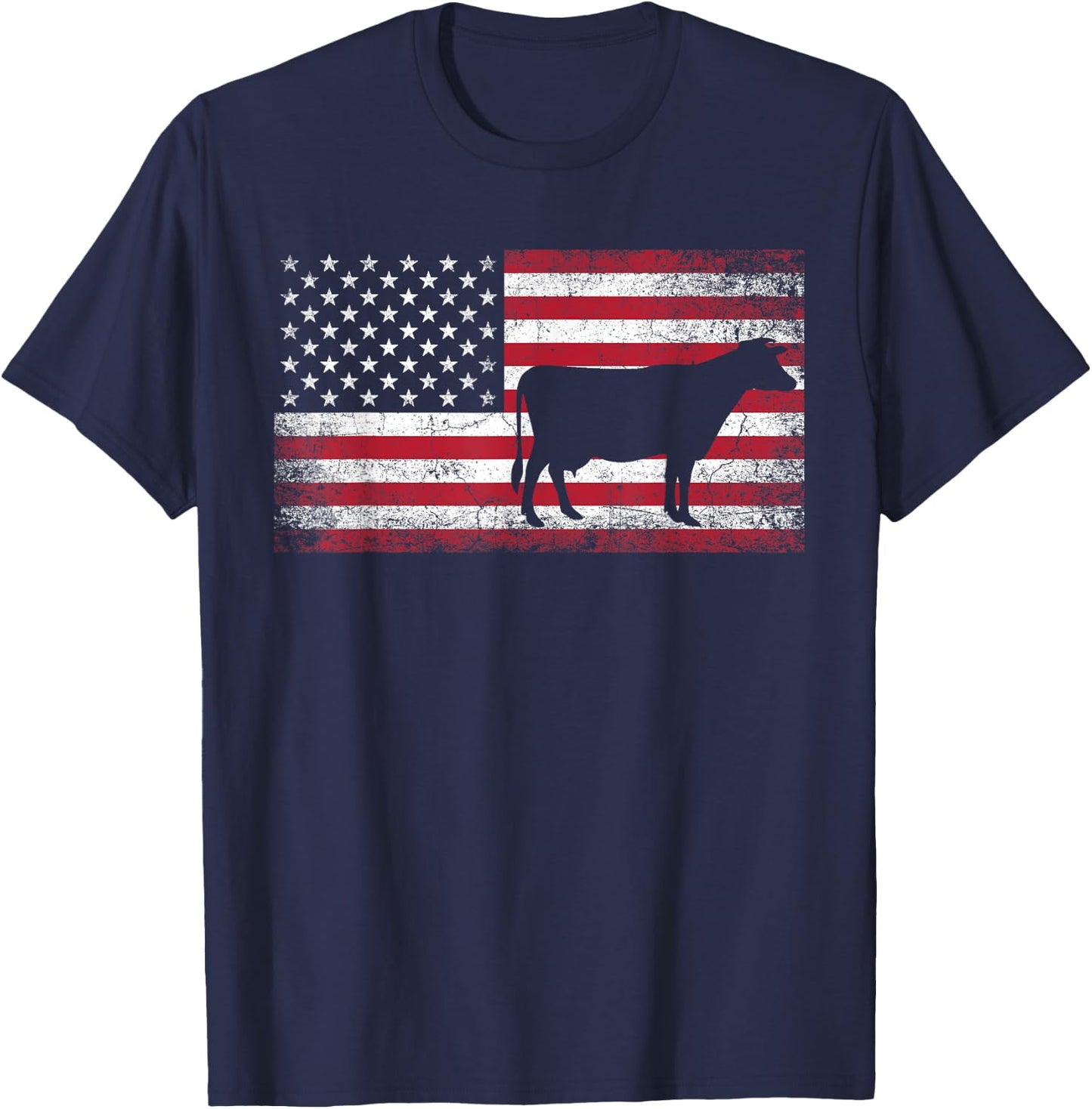 Cow Farm Farmer 4th of July American Flag Patriotic USA T-Shirt - T-Shirt | Navy