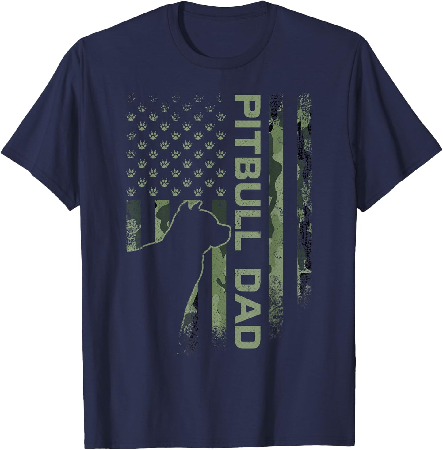 American Camo Flag Proud Pitbull Dog Dad Pittie Silhouette T-Shirt - T-Shirt | Navy