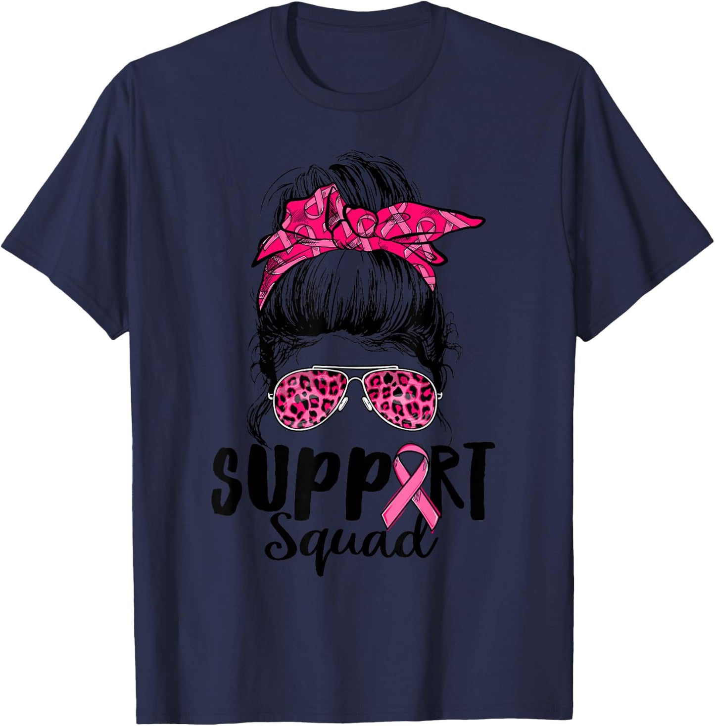 Support Squad Messy Bun Pink Warrior Breast Cancer Awareness T-Shirt - T-Shirt | Navy