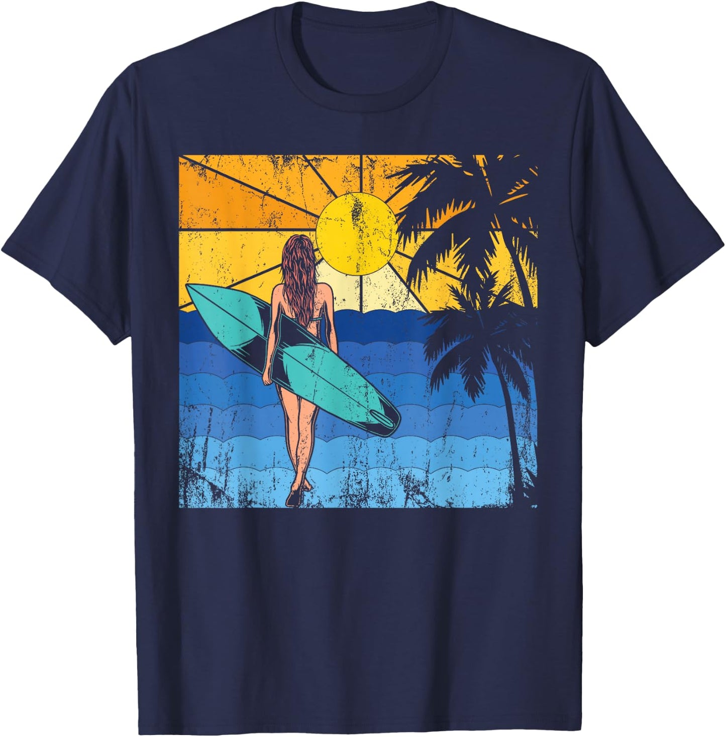 Tropical Beach Surf Sunset Surfboard Surfer Ocean Surfing T-Shirt - T-Shirt | Navy