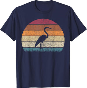 Vintage Retro Sunset Grey Heron Bird Lover Silhouette T-Shirt - T-Shirt | Navy