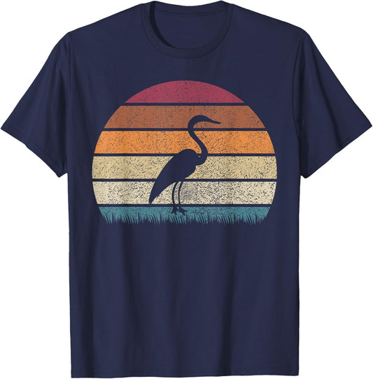 Vintage Retro Sunset Grey Heron Bird Lover Silhouette T-Shirt - T-Shirt | Navy