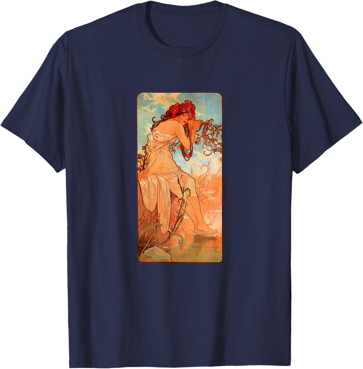 Art Nouveau Summer Maiden Mucha Beautiful Elegant Art Deco T-Shirt - T-Shirt | Navy