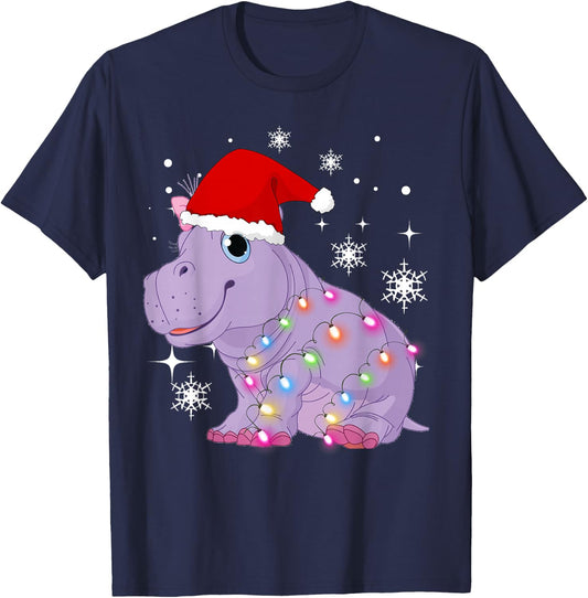 Christmas Lights Baby hippo Cute T-Shirt - T-Shirt | Navy