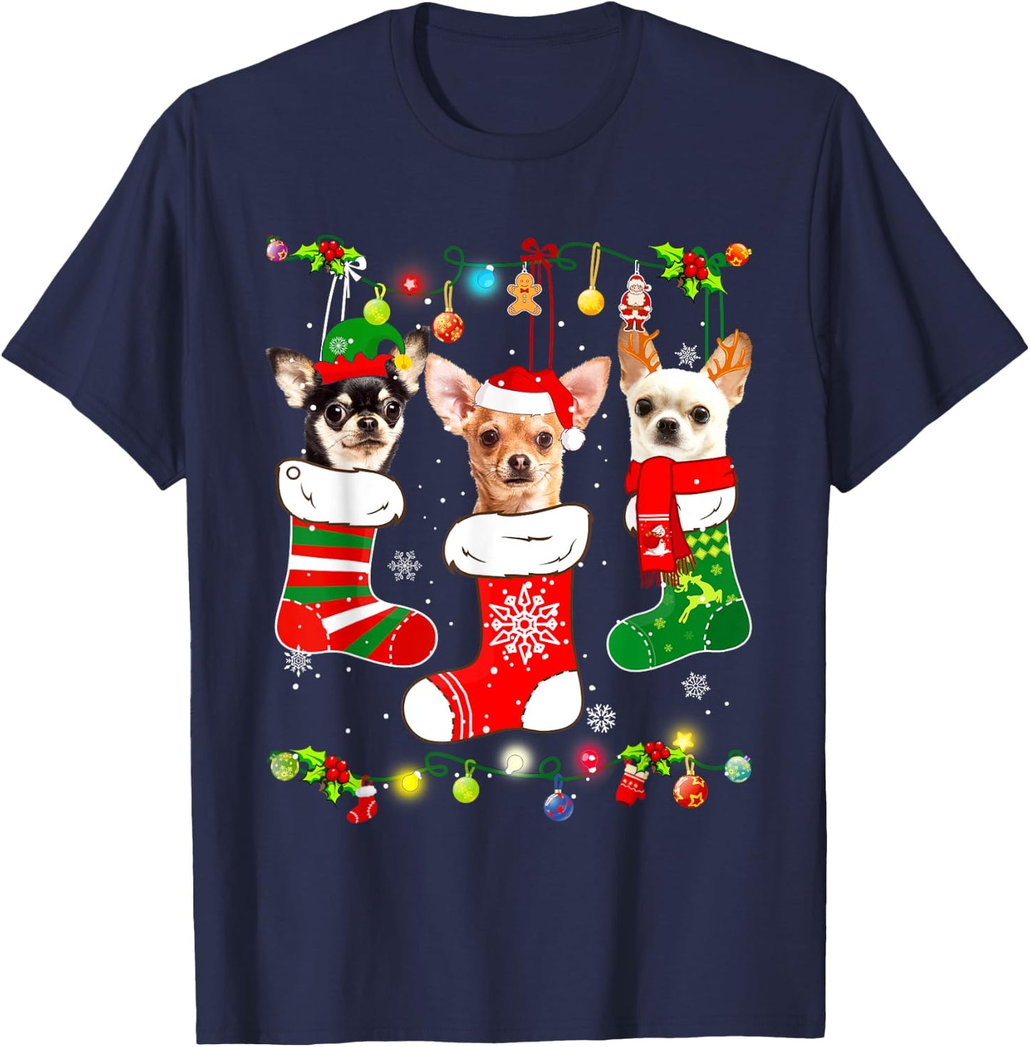 Chihuahua Christmas Lights Gift Funny Xmas Dog Lover T-Shirt - T-Shirt | Navy