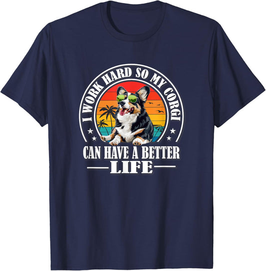Funny Retro Vintage Work Hard Black Tricolor Corgi Lover T-Shirt - T-Shirt | Navy
