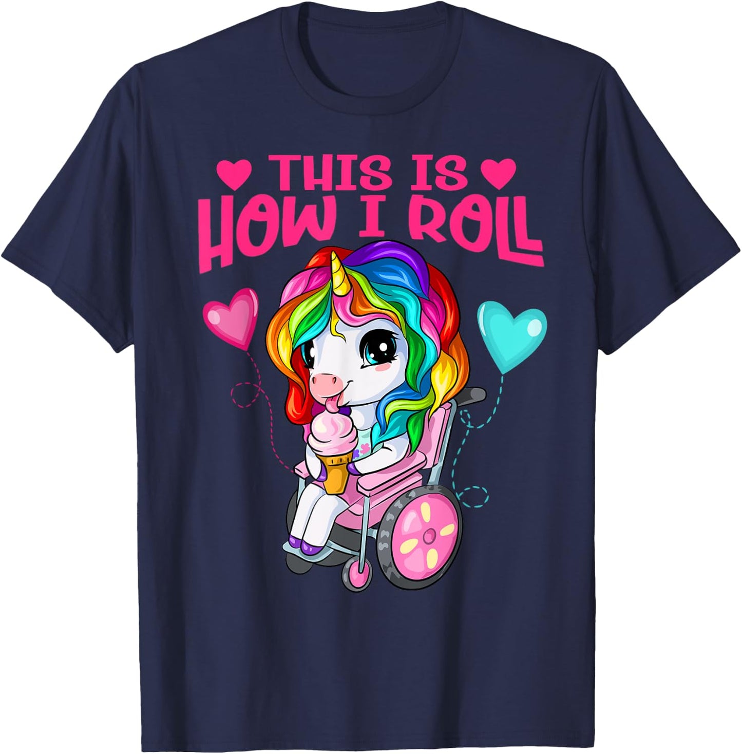 Cute Ice Cream Eating Unicorn Girl In Wheelchair T-Shirt - T-Shirt | Navy