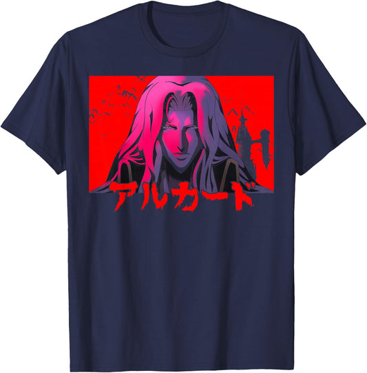 Castlevania Alucard Kanji Castle - Men's Black Short Sleeve - Small - Classic Fit - Cotton Blend - Netflix Official T-Shirt - T-Shirt | Navy
