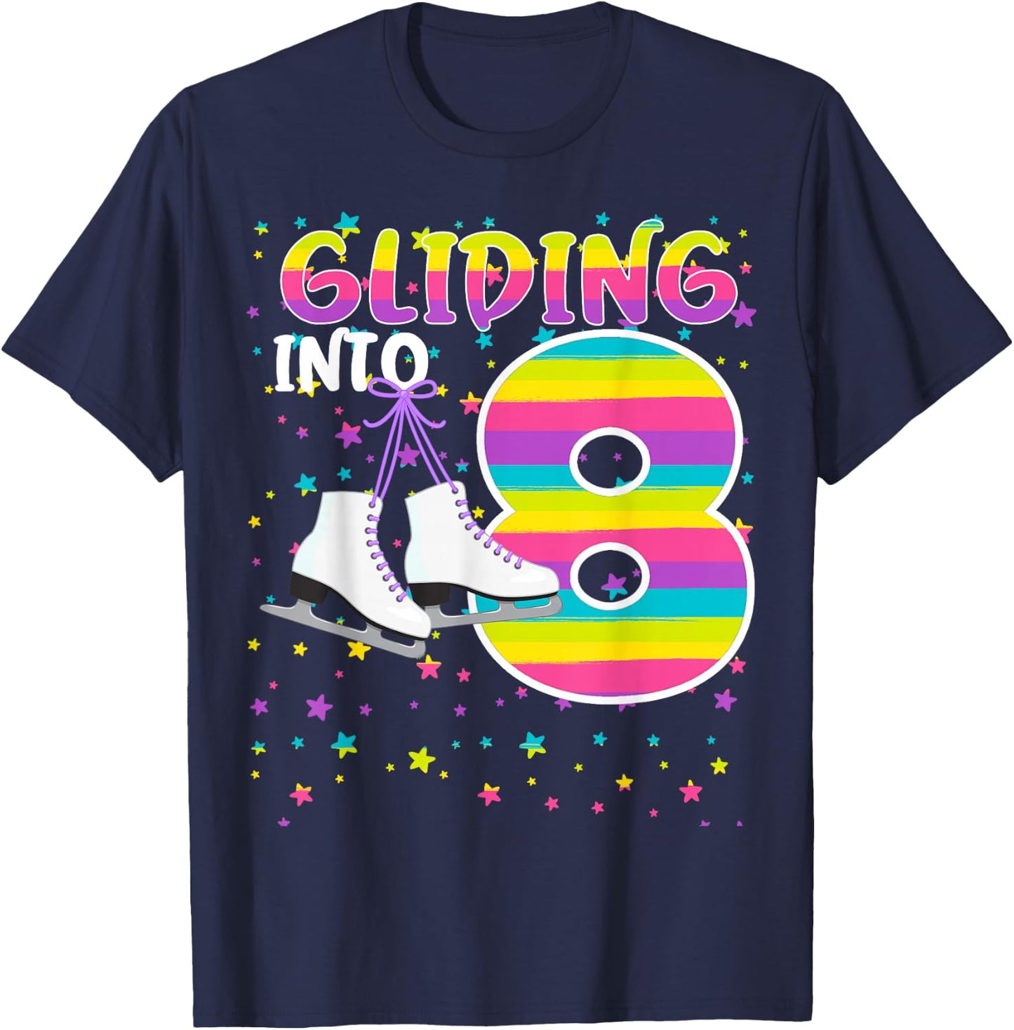 Kids Gliding Into 8 Years Let's Skate I'm 8 Ice Skate Party T-Shirt - T-Shirt | Navy