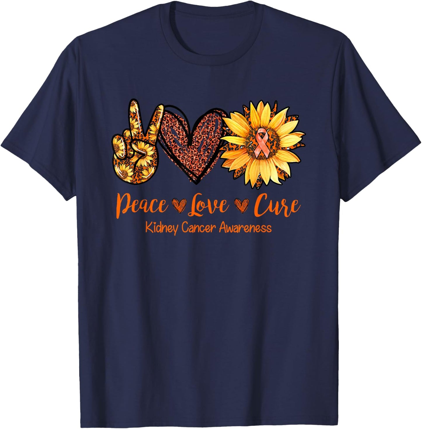 Daisy Peace Love Cure Kidney Cancer Awareness Gift T-Shirt - T-Shirt | Navy