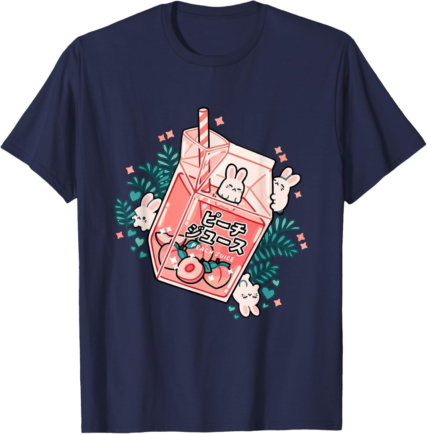 90s Japanese Kawaii Peach Milk Juice Aesthetic T-Shirt - T-Shirt | Navy