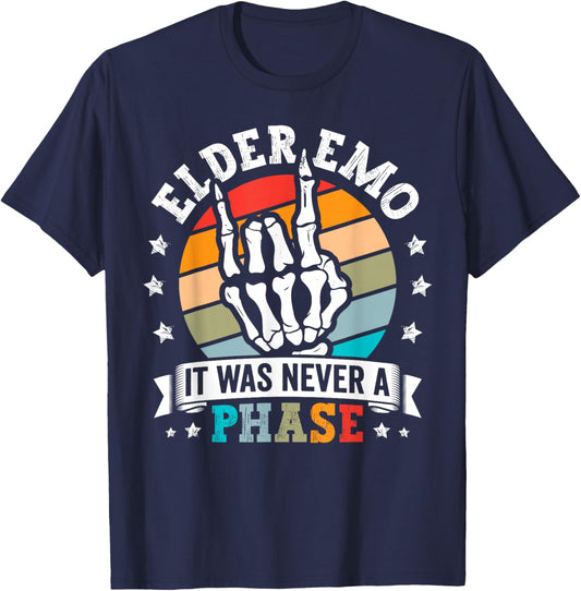 Retro Elder Emo Never a Phase Gothic Rock On Skeleton Hand T-Shirt - T-Shirt | Navy