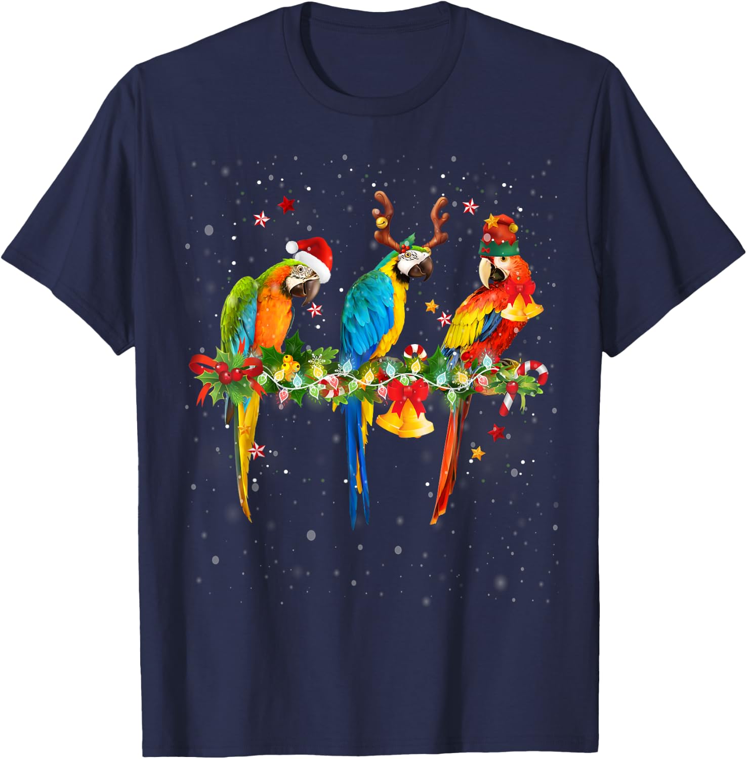 Colorful Christmas Parrots Santa Reindeer Elf Hat Funny T-Shirt - T-Shirt | Navy