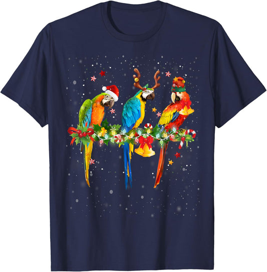 Colorful Christmas Parrots Santa Reindeer Elf Hat Funny T-Shirt - T-Shirt | Navy