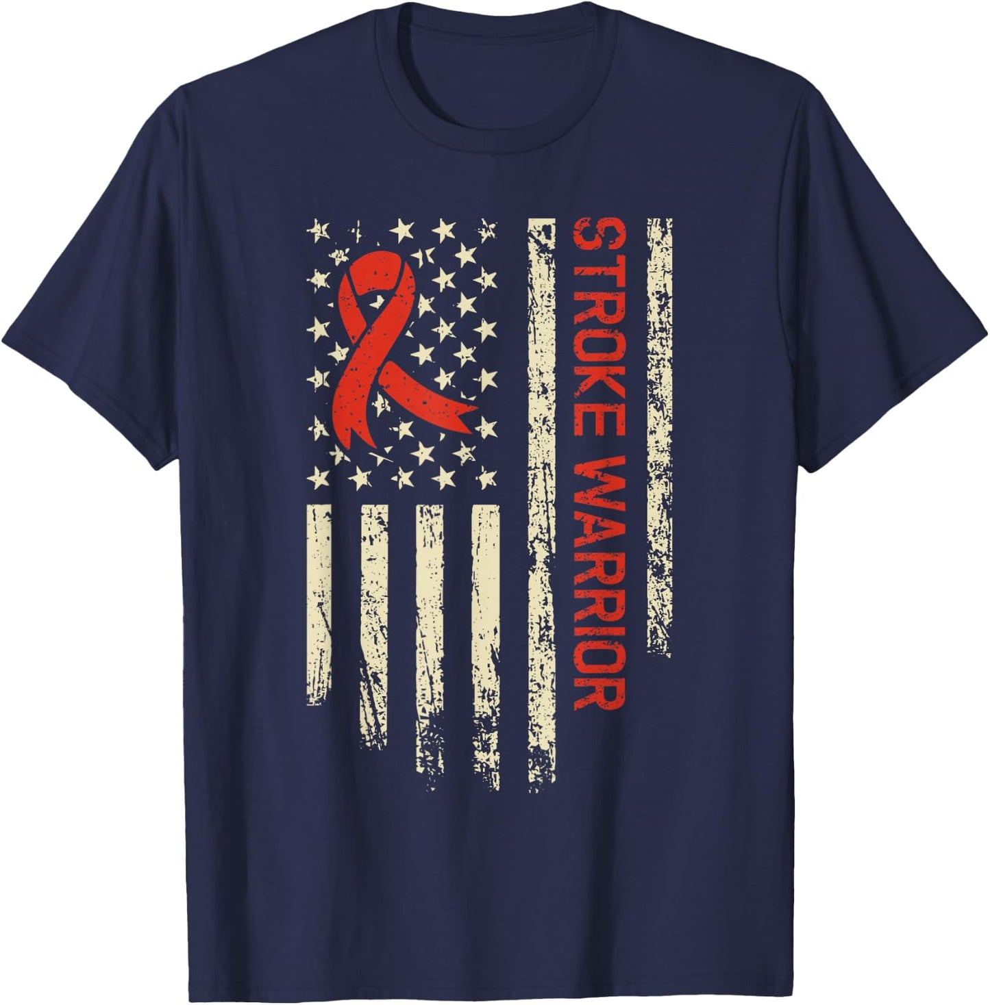 Stroke Warrior USA Flag - Red Ribbon Stroke Awareness T-Shirt - T-Shirt | Navy