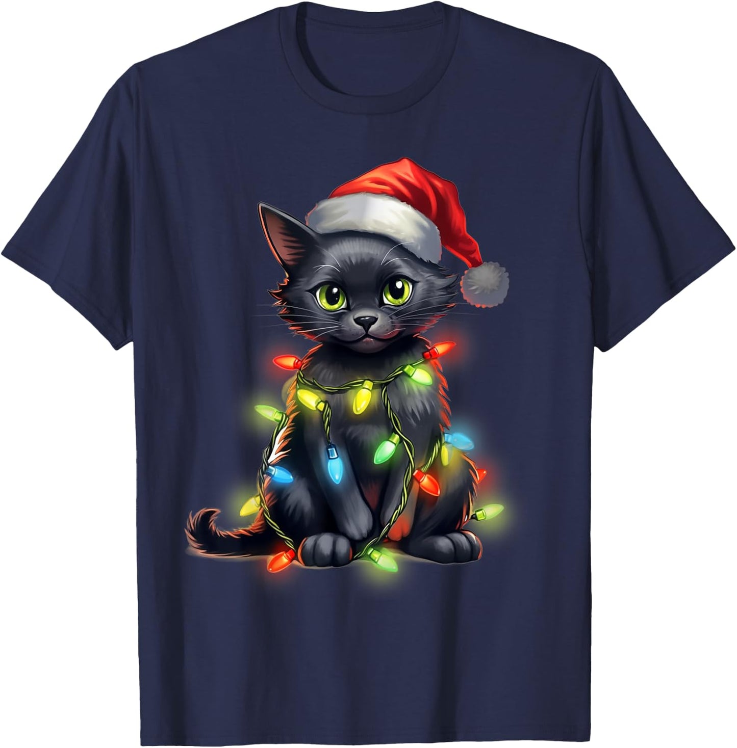 Retro Black Cat Christmas Light Funny Cat Men Women Kids T-Shirt - T-Shirt | Navy