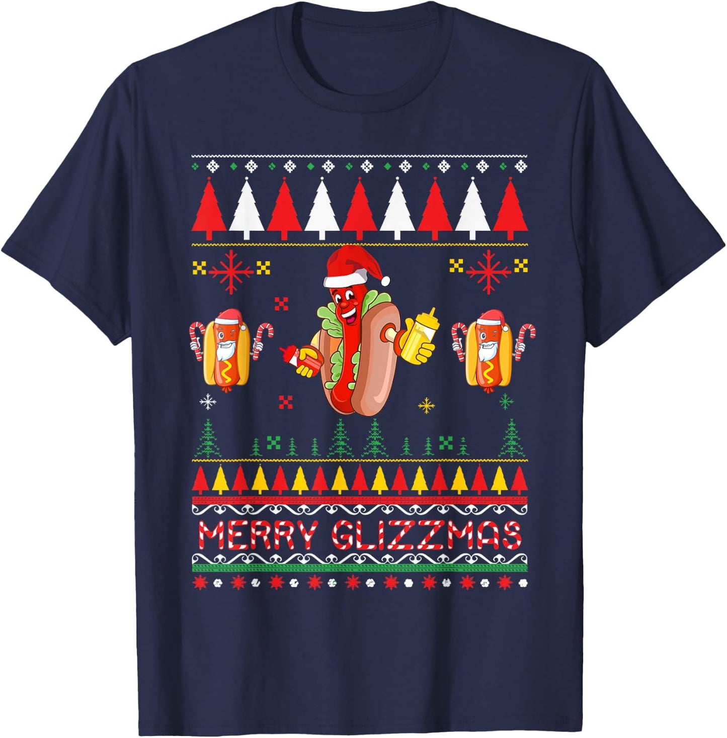 Merry Glizzmas Tacky Funny Merry Christmas Hot Dogs T-Shirt - T-Shirt | Navy
