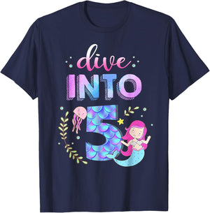 5th Birthday Mermaid Theme Party Dive Into Five 5 Years Old T-Shirt - T-Shirt | Navy