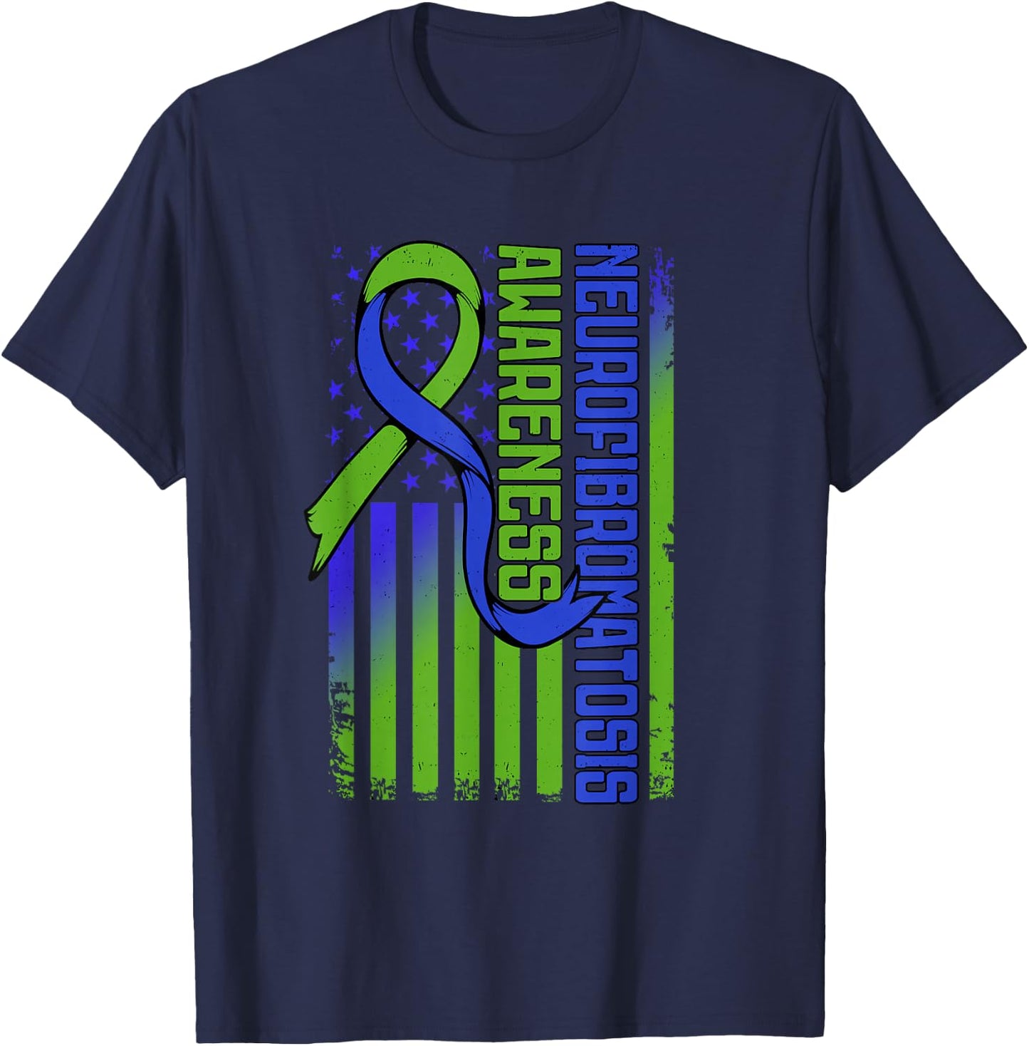 Neurofibromatosis Flag NF1 Blue and Green Ribbon Awareness T-Shirt - T-Shirt | Navy