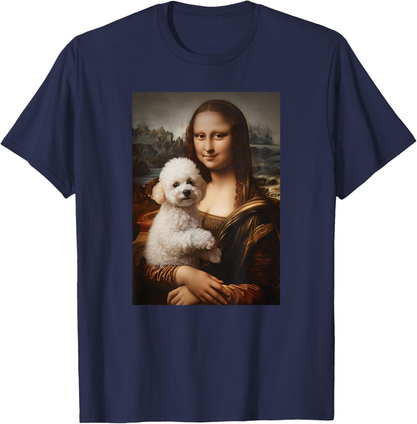 Bichon Frise Mona Lisa Painting Art Dog Mom Dad T-Shirt - T-Shirt | Navy
