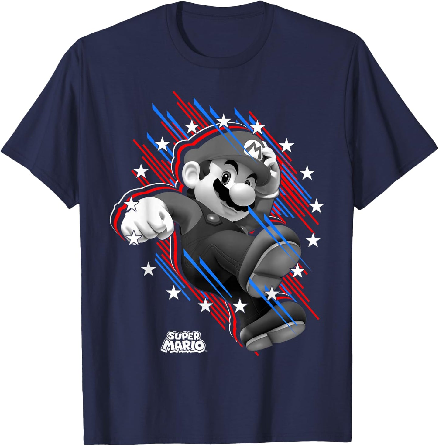Super Mario Stars And Stripes Fast Mario Portrait T-Shirt - T-Shirt | Navy