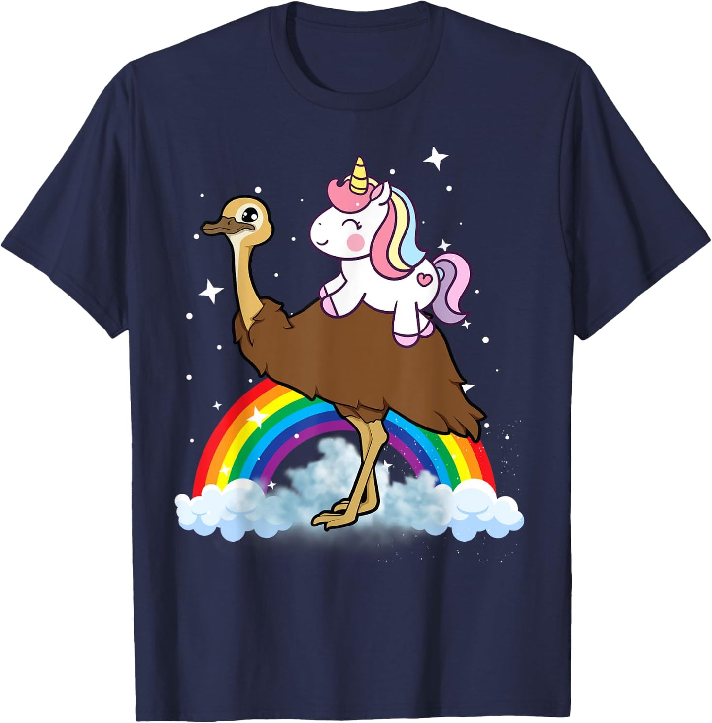 Unicorn Riding Emu Boys Girls Men Women Kids Teens Rainbow T-Shirt - T-Shirt | Navy