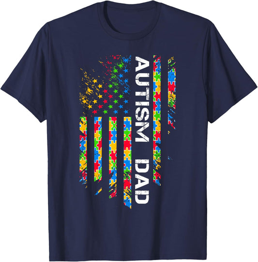 Autism Dad Awareness American Flag USA T-Shirt - T-Shirt | Navy