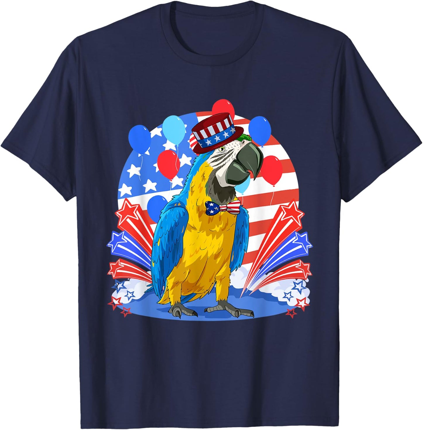 Blue And Yellow Macaw Merica 4th of July American Flag Women Kids Men T-Shirt - T-Shirt | Navy