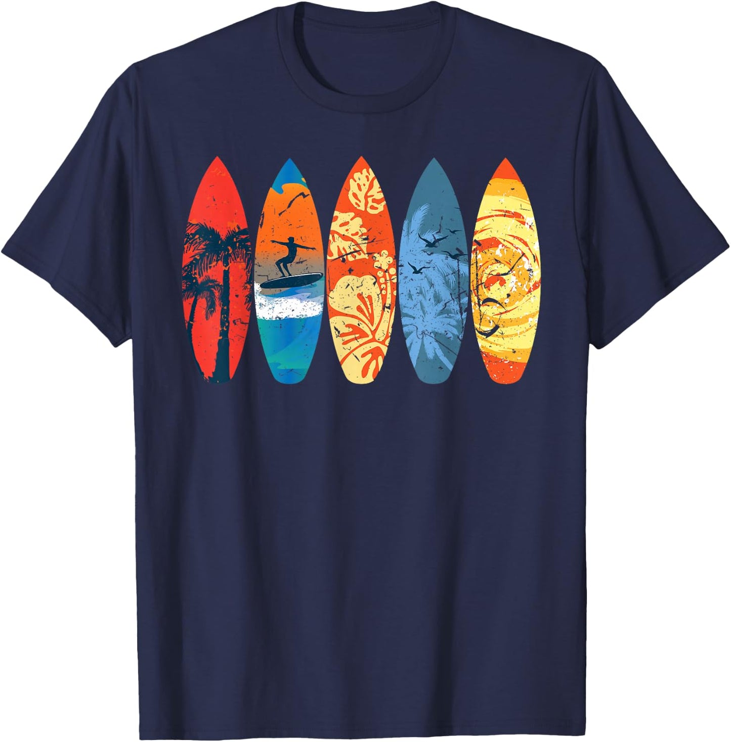 Surfing Surfer Palm Tree Surfboard Sunset Wave T-Shirt - T-Shirt | Navy