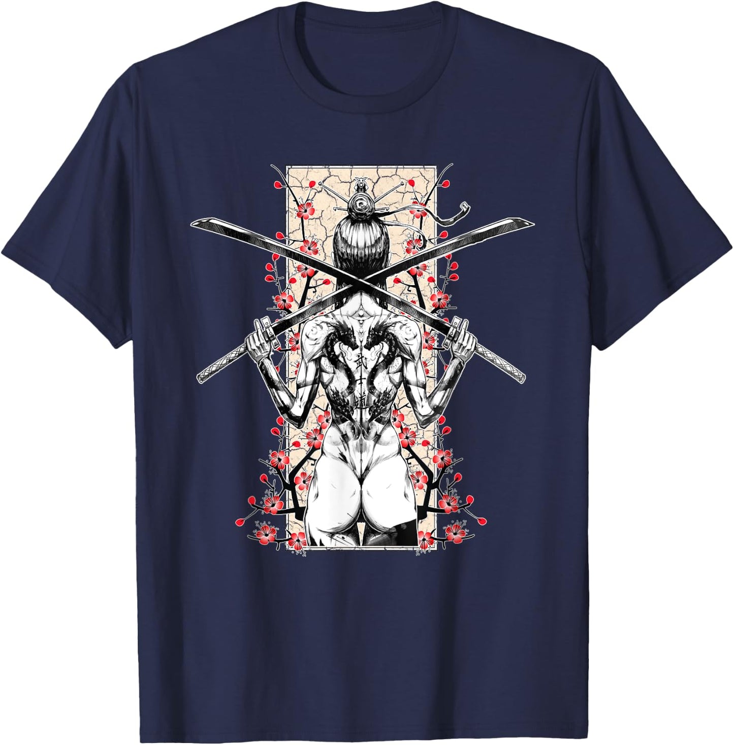 Japanese Samurai Girl and Vintage Sakura Cherry Blossom Gift T-Shirt - T-Shirt | Navy